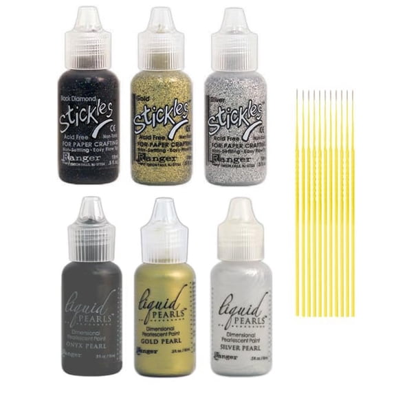 Ranger Stickles & Liquid Pearls Bundle - Stickles Glitter Glue Black Diamond, Gold, Silver with Liquid Pearls Onyx, Gold, Silver Plus Trebbies Detail Sticks