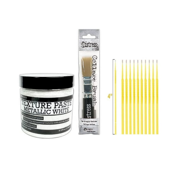 Ranger Texture Paste Bundle - Metallic White Texture Paste with Distress Collage Brush - with Trebbies Detail Sticks