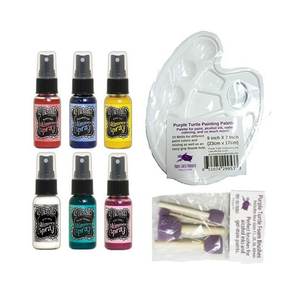 Ranger Tim Holt Bundle 2019 Dylusions Shimmer Spray Sets - Includes Purple Turtle Paint Mixing Palette and Round Foam Dobber Brushes (6 BRIGHT Set)
