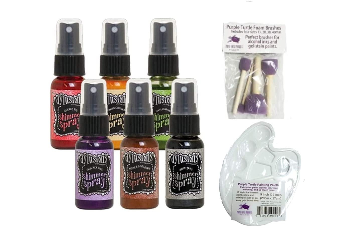 Ranger Tim Holt Bundle 2019 Dylusions Shimmer Spray Sets - Includes Purple Turtle Paint Mixing Palette and Round Foam Dobber Brushes 6 Bold Set