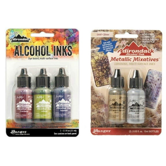 Ranger Tim Holtz Adirondack Alcohol Ink Bundle - Farmers Market Ink Set and Metallic Mixatives Ink Set