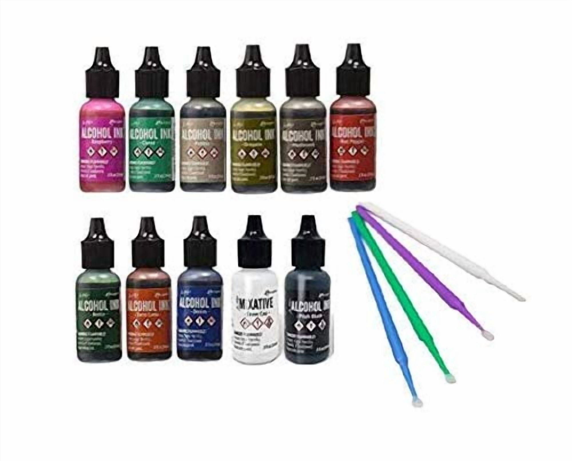 Ranger Tim Holtz Alcohol Ink Bundle - 11 Pc. Terrain Set - Rustic Lodge, Tuscan Garden, Valley Trail, Pitch Black and Snow Cap with Bonus PTP Blending Sticks