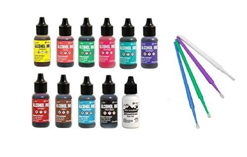 Ranger Tim Holtz Alcohol Ink Bundle - 11 Pc. Tropics Set - Beach Deco, Key West, Rodeo, Pitch Black and Snow Cap with Bonus PTP Blending Sticks