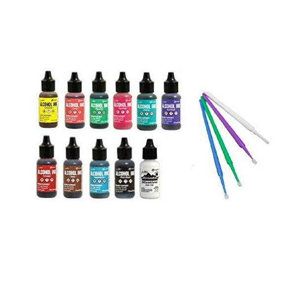 Ranger Tim Holtz Alcohol Ink Bundle - 11 Pc. Tropics Set - Beach Deco, Key West, Rodeo, Pitch Black and Snow Cap with Bonus PTP Blending Sticks