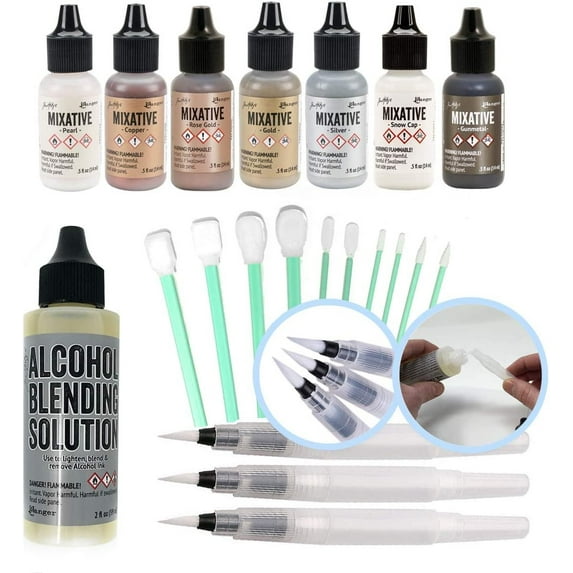Ranger Tim Holtz Alcohol Ink Mixatives All 7 Colors, 2-Ounce Ranger Blending Solution, 3 Pixiss Blending Brush Pens, 10 Pixiss Precision Ink Blending Tools