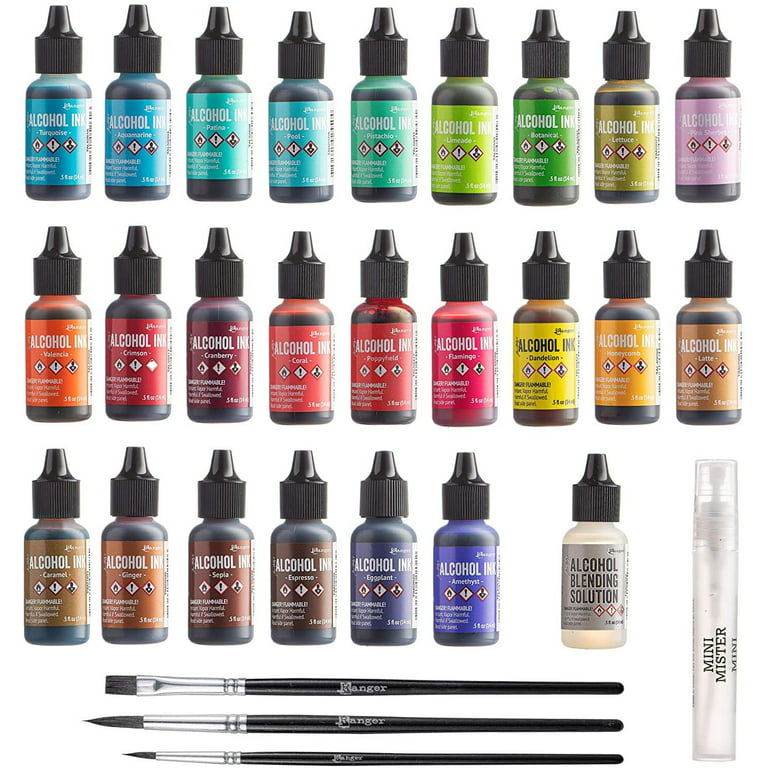 Ranger Tim Holtz Alcohol Ink Set, 24 Pack Assorted Colors .5oz Alcohol Ink  Blending Solution Premium Brush Set for Alcohol Ink Paper 1 Mini Spray  Bottle 
