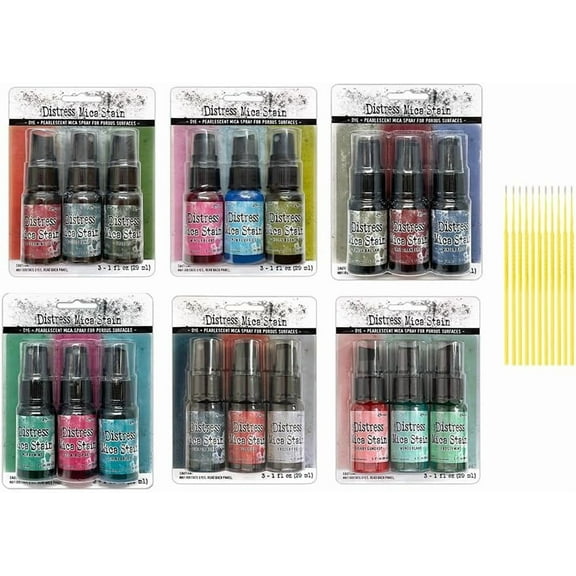 Ranger Tim Holtz Distress Mica Spray Bundle - 18 one-ounce bottles (Complete Holiday Collection sets 1, 2, 3, 4, 5 and 6) Detail Sticks