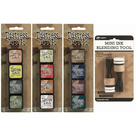 Ranger Tim Holtz Distress Mini Ink Pad Kits 10, 11, 12 and Mini Ink Blending Tool Bundle