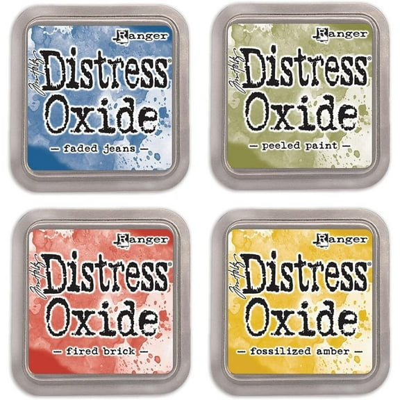 Ranger Tim Holtz Distress Oxide Bundle of 4 Ink Pads: Faded Jeans, Peeled Paint, Fired Brick, Fossilized Amber