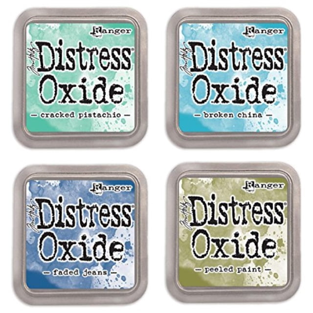 Ranger Tim Holtz Distress Oxide Ink Pads Bundle of 4 Colors Cracked Pistachio, Broken China, Faded Jeans and Peeled Paint