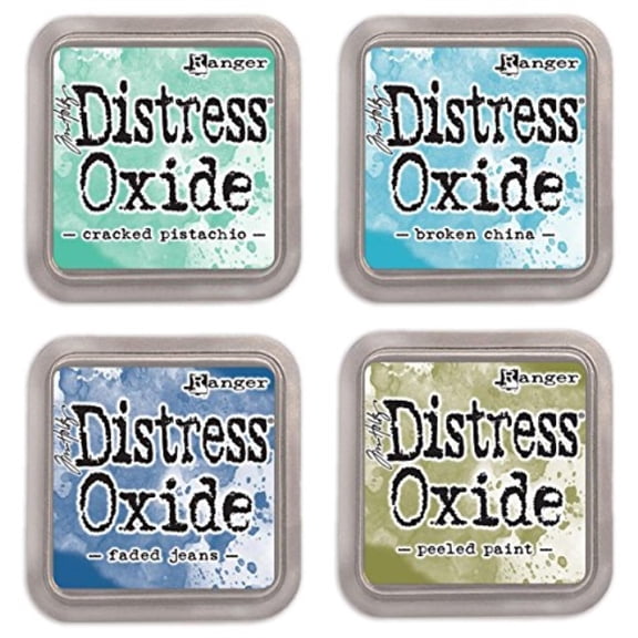 Ranger Tim Holtz Distress Oxide Ink Pads Bundle of 4 Colors Cracked Pistachio, Broken China, Faded Jeans and Peeled Paint