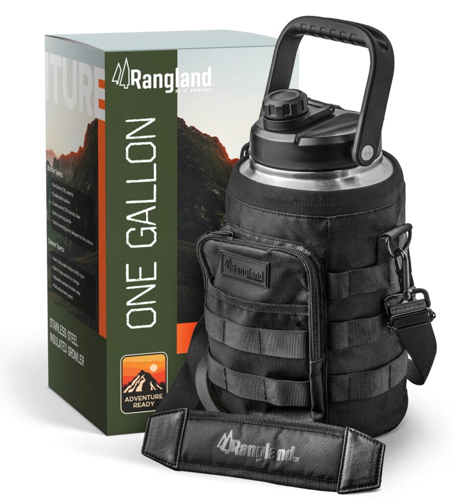 Rangland 1 Gallon Water Bottle with Insulated Storage Sleeve, 128 oz Stainless Steel Growler for Hot/Cold Drinks for Sports and Outdoors