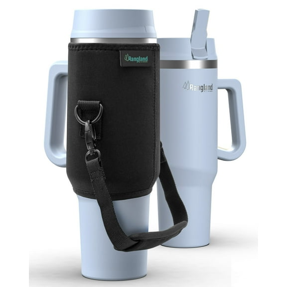 Rangland 40 oz Tumbler Cup with Handle and Carrier Bag, 24-Hour Insulated Water Bottle with Straw Lid, Neoprene Carrying Sleeve and Hand Strap (Feather Blue)