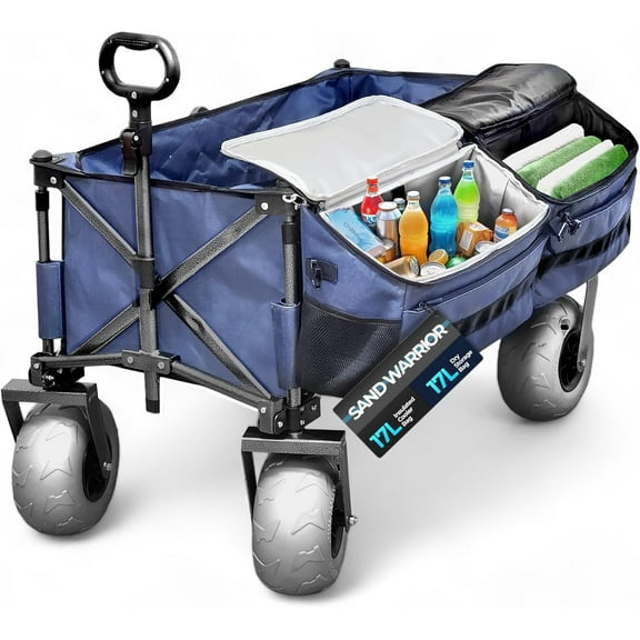 Rangland Beach Wagon with Removable Cooler and Big Air Wheels for Sand, All-Terrain Heavy Duty Folding Cart with Balloon Tires, Dual Compartment Outboard Carrier (34L)