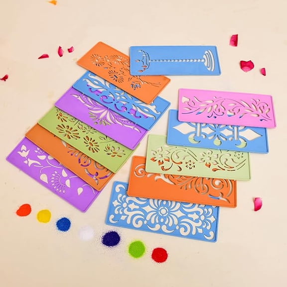 Rangoli Stencil Set of 12, Diwali Decoration Items, Rangoli Making muggu Stencils for Floor Decorations, Reusebale Rangoli Stencils (18 CM Rectangular)