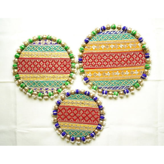 Rangoli Tray Decor - Festive Hand-crafted three piece set. Ideal for placing Pooja Thali, Diwali Decor, Housewarming gift