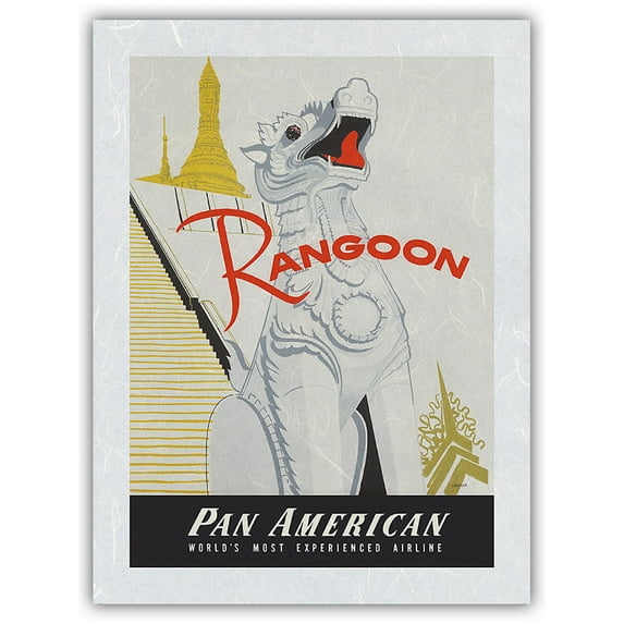 Rangoon (Yangon) Burma - Pan American World Airways - Shwedagon Pagoda - Vintage Airline Travel Poster by Aaron Amspoker c.1955 - Japanese Unryu Rice Paper Art Print (Unframed) 12 x 16 in