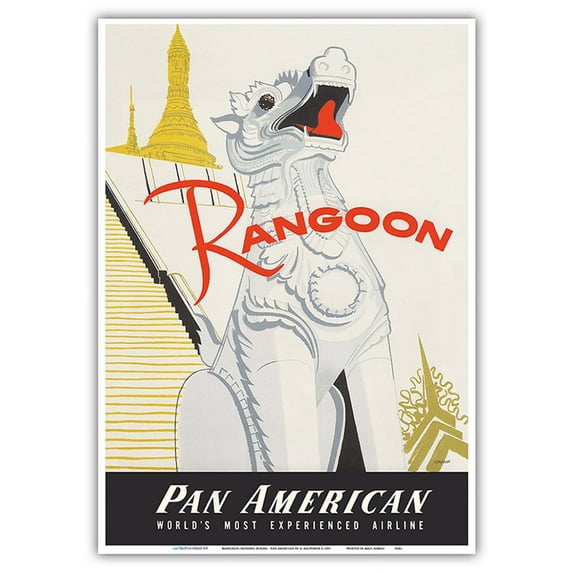 Rangoon (Yangon) Burma - Shwedagon Pagoda - Vintage Airline Travel Poster by Aaron Amspoker c.1955 - Master Art Print 10in x 14in