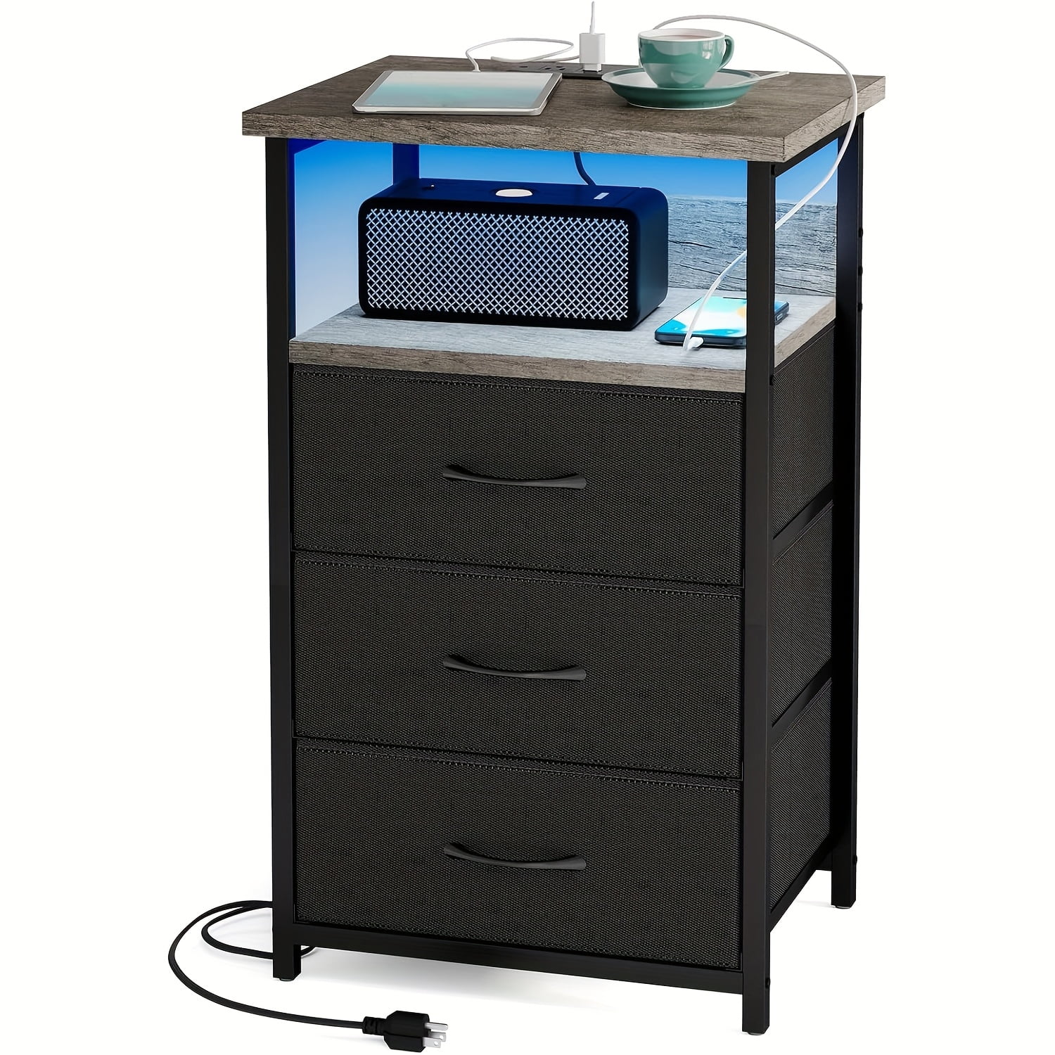 Ranhero 3-Tier LED Nightstand with Charging Station, Fabric Storage ...