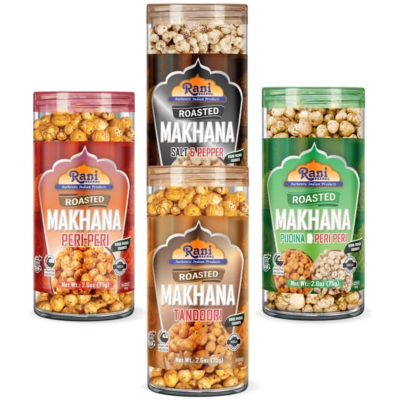 Rani 4 in 1 Combo Set of Roasted Makhana Salt & Pepper, Peri Peri, Tandoori, (2in1) Pudina & Peri-Peri, 2.6oz (75g), Pack of 4, Ready to eat ~ Vegan | Gluten Friendly | Kosher | Indian Origin