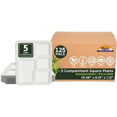 Rani 5 Deep Compartment Square Biodegradable Divided Plates, Pack of 125 ~ Party, Thali, Buffet | Disposable & Eco-Friendly | Heavy-Duty Sturdy Paper Bagasse | 10.46" x 8.31" x 1.12"
