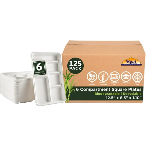 Rani 6 Compartment Square Biodegradable Divided Plates, Pack of 125 ~ Party, Thali, Buffet | Disposable & Eco-Friendly | Heavy-Duty Sturdy Paper Bagasse | 12.5" x 8.5" x 1.10"