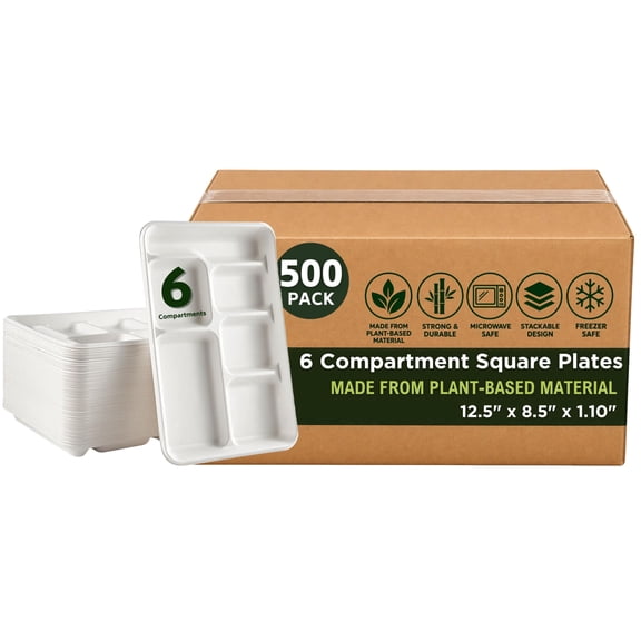 Rani 6 Compartment Square Biodegradable Divided Plates, Pack of 500 ~ Party, Thali, Buffet | Disposable & Eco-Friendly | Heavy-Duty Sturdy Paper Bagasse | 12.5" x 8.5" x 1.10"