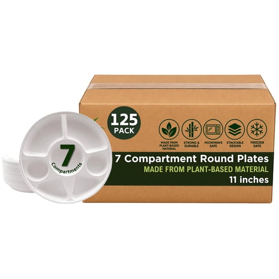 Rani 7 Compartment Round Biodegradable Divided Plates, Pack of 125 ~ Party, Thali, Buffet | Disposable & Eco-Friendly | Heavy-Duty Sturdy Paper Bagasse | 11" Diameter, 1.38" Height