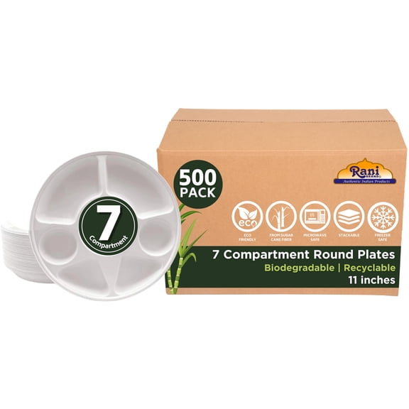 Rani 7 Compartment Round Biodegradable Divided Plates, Pack of 500 ~ Party, Thali, Buffet | Disposable & Eco-Friendly | Heavy-Duty Sturdy Paper Bagasse |  11" Diameter, 1.38" Height