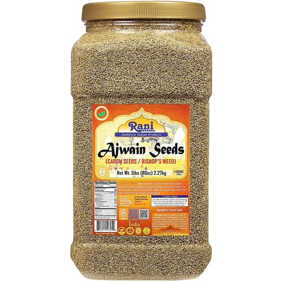 Rani Ajwain Seeds (Carom Bishops Weed) Spice Whole 5lbs (80oz) 2.27kg PET Jar ~ Natural | Vegan | Gluten Friendly | NON-GMO | Kosher | Indian Origin