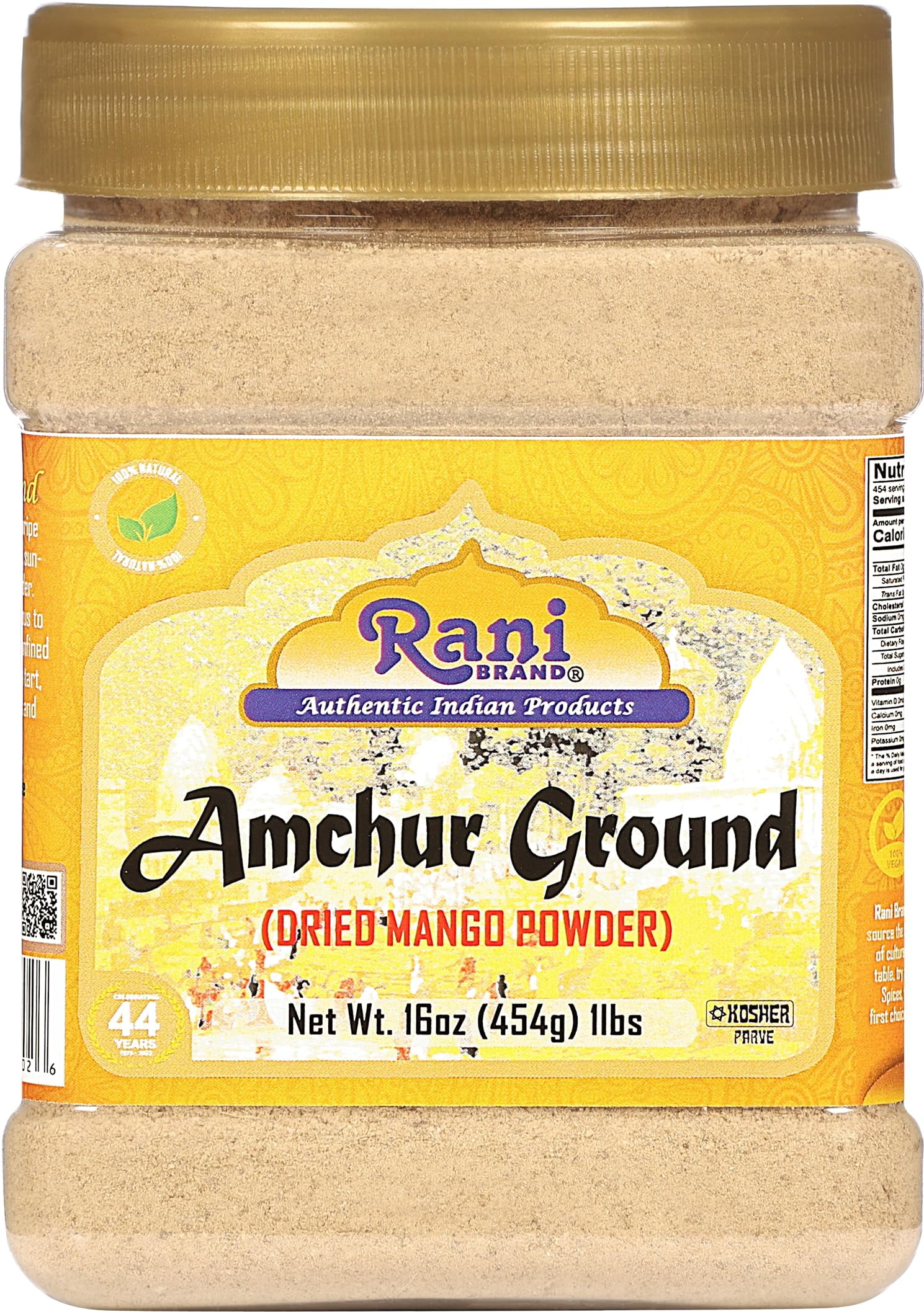 Rani Amchur (Mango) Ground Powder 16oz (1lb) 454g PET Jar ~ All Natural | Indian Origin | No Color | Gluten Friendly | Vegan | NON-GMO | Kosher | No Salt or fillers