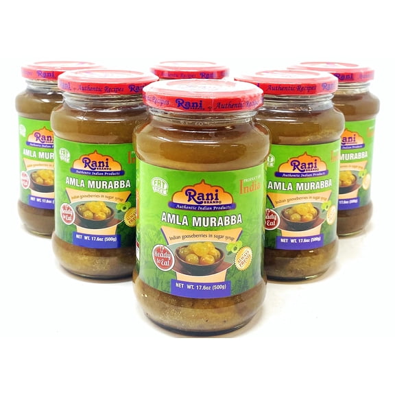 Rani Amla Murabba (Indian Gooseberries in Sugar Syrup) 17.5oz (1.1lbs) 500g Glass Jar, Pack of 5+1 FREE ~ All Natural | Vegan | Gluten Free | NON-GMO | No Colors | Popular Indian Condiment