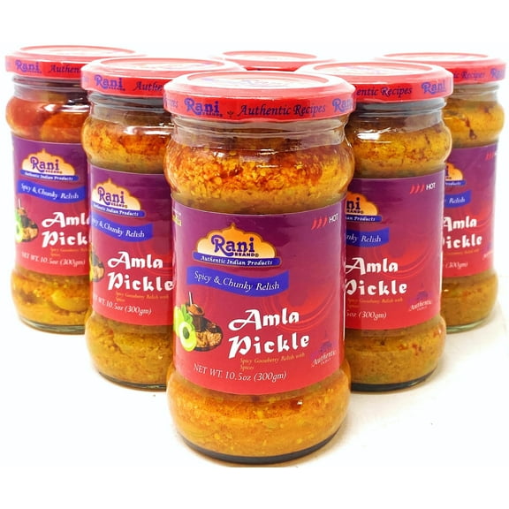 Rani Amla Pickle (Spicy Gooseberry Relish with Spices) 10.5oz (300g) Glass Jar, Pack of 5+1 FREE ~ Vegan | Gluten Free | NON-GMO | No Colors | Popular Indian Condiment, Indian Origin