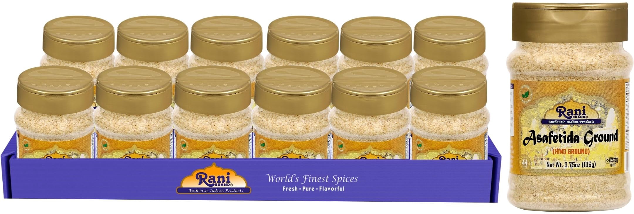 Rani Asafetida (Hing) Ground 3.75oz (106g) PET Jar, Pack of 12 ~ All Natural | Salt Free | Vegan | Non-GMO | Kosher | Asafoetida Indian Spice | Best for Onion Garlic Substitute
