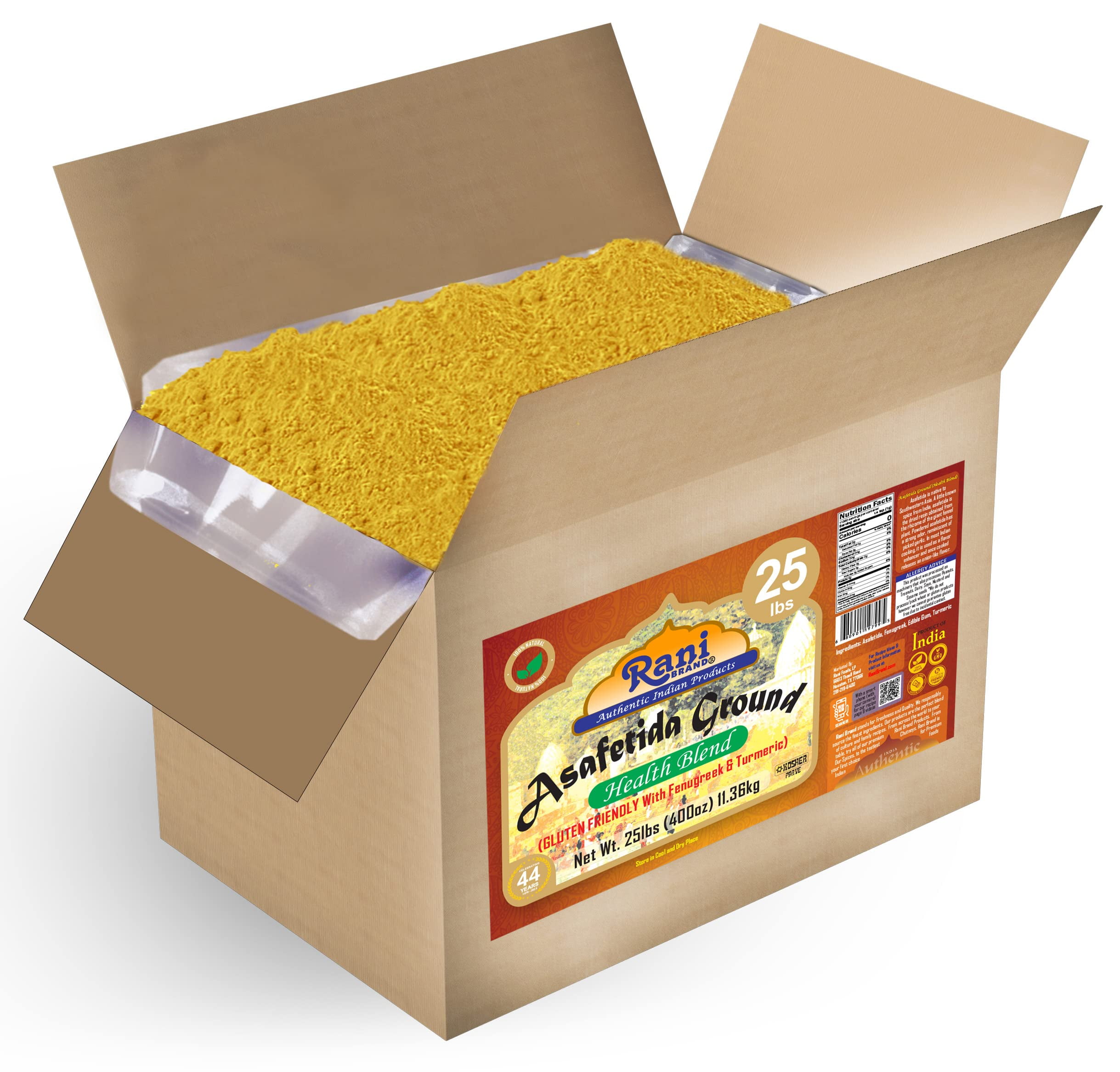 Rani Asafetida (Hing) Ground Health Blend w/ Fenugreek and Turmeric 400oz (25lbs) 11.36kg Bulk Box ~ All Natural | Salt Free | Vegan | Kosher | Asafoetida Indian Spice | Best for Onion Garlic Substitu