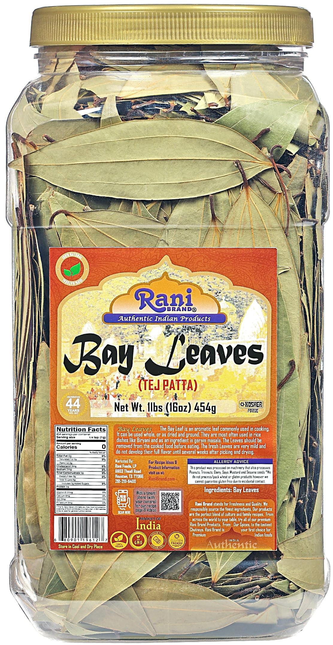 Rani Bay Whole Leaf (Leaves) Spice Hand Selected Extra Large 16oz (1lb) 454g Bulk PET Jar ~ All Natural | Gluten Friendly | NON-GMO | Vegan | Kosher | Indian Origin (Tej Patta)