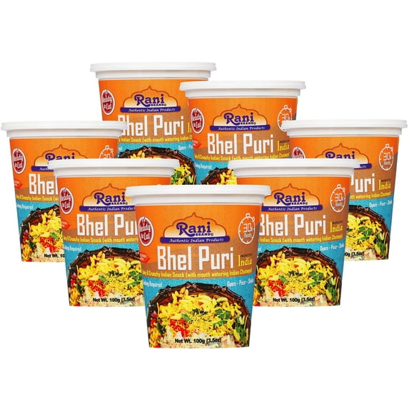 Rani Bhel Puri Cup (Spicy & Crunchy Indian Snack w/ mouth watering Indian Chutneys) 3.5oz (100g), Pack of 6+1 FREE ~ Ready to Eat | Vegan | NON-GMO | Indian Origin