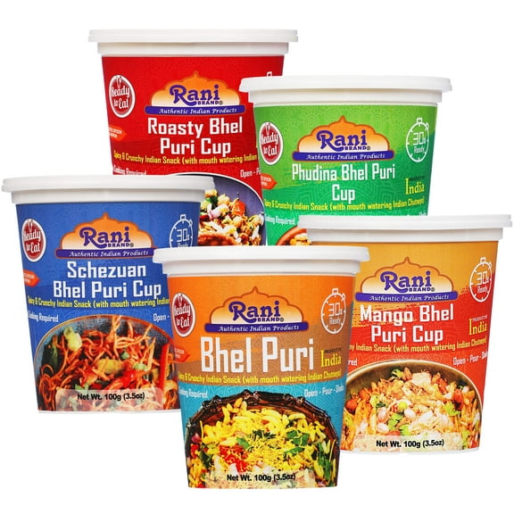 Rani Bhel Puri Cups 5 Flavors-in-1 Set (Regular, Roasty, Mango, Schezuan, Pudina) 3.5oz (100g), Pack of 5 ~ Spicy & Crunchy Indian Snack | Ready to Eat | Vegan | NON-GMO | Indian Origin