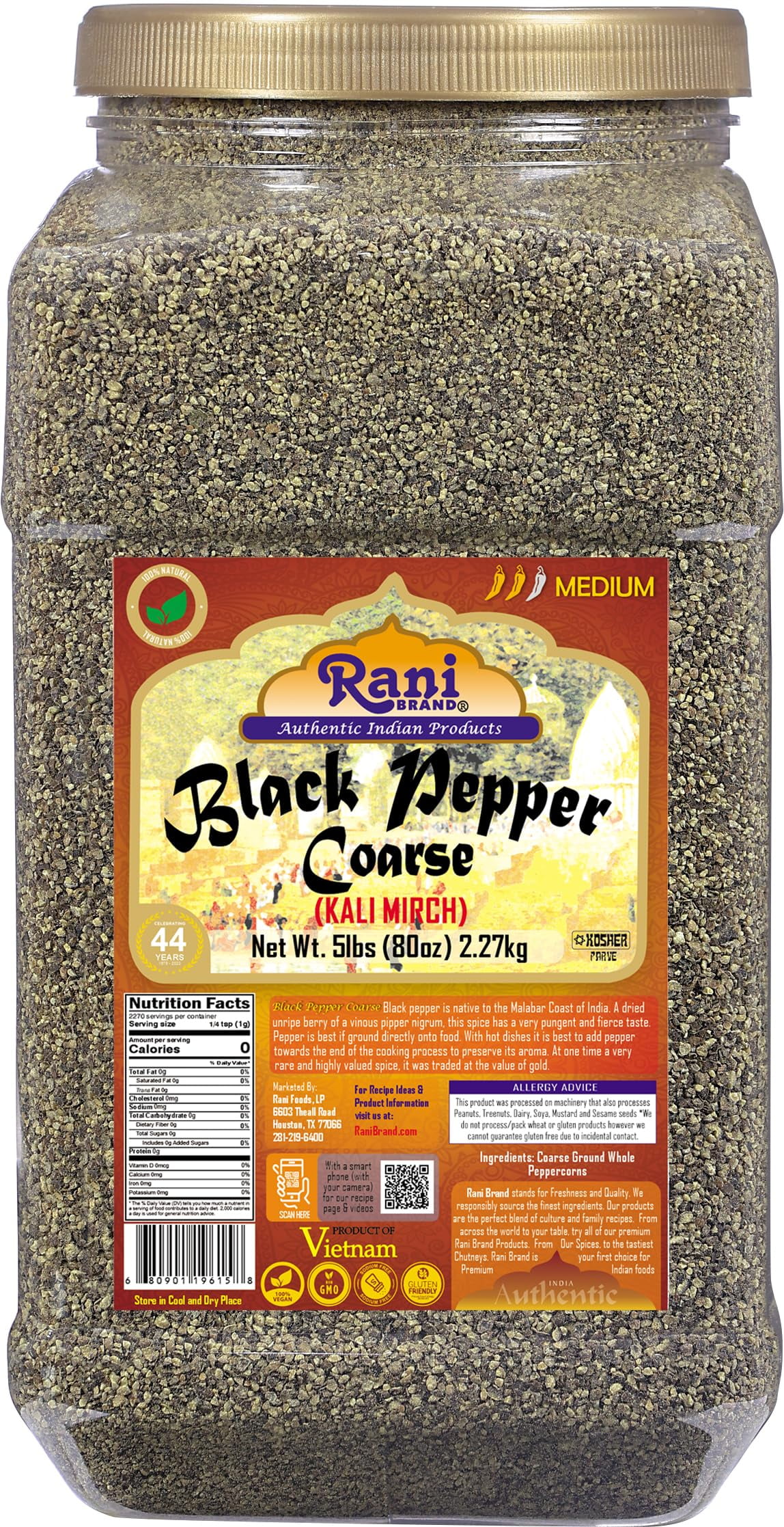 Rani Black Pepper Coarse Ground 28 Mesh (Table Grind), 80oz (5lbs) 2.27kg Bulk PET Jar ~ All Natural | Vegan | Gluten Friendly | NON-GMO | Kosher