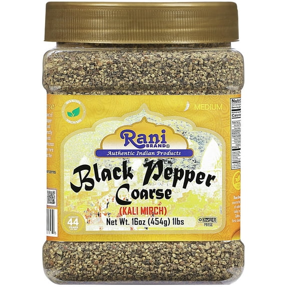 Rani Black Pepper Coarse Ground 28 Mesh (Table Grind), Premium Indian 16oz (1lb) 454g PET Jar ~ All Natural | Vegan | Gluten Friendly | NON-GMO | Kosher