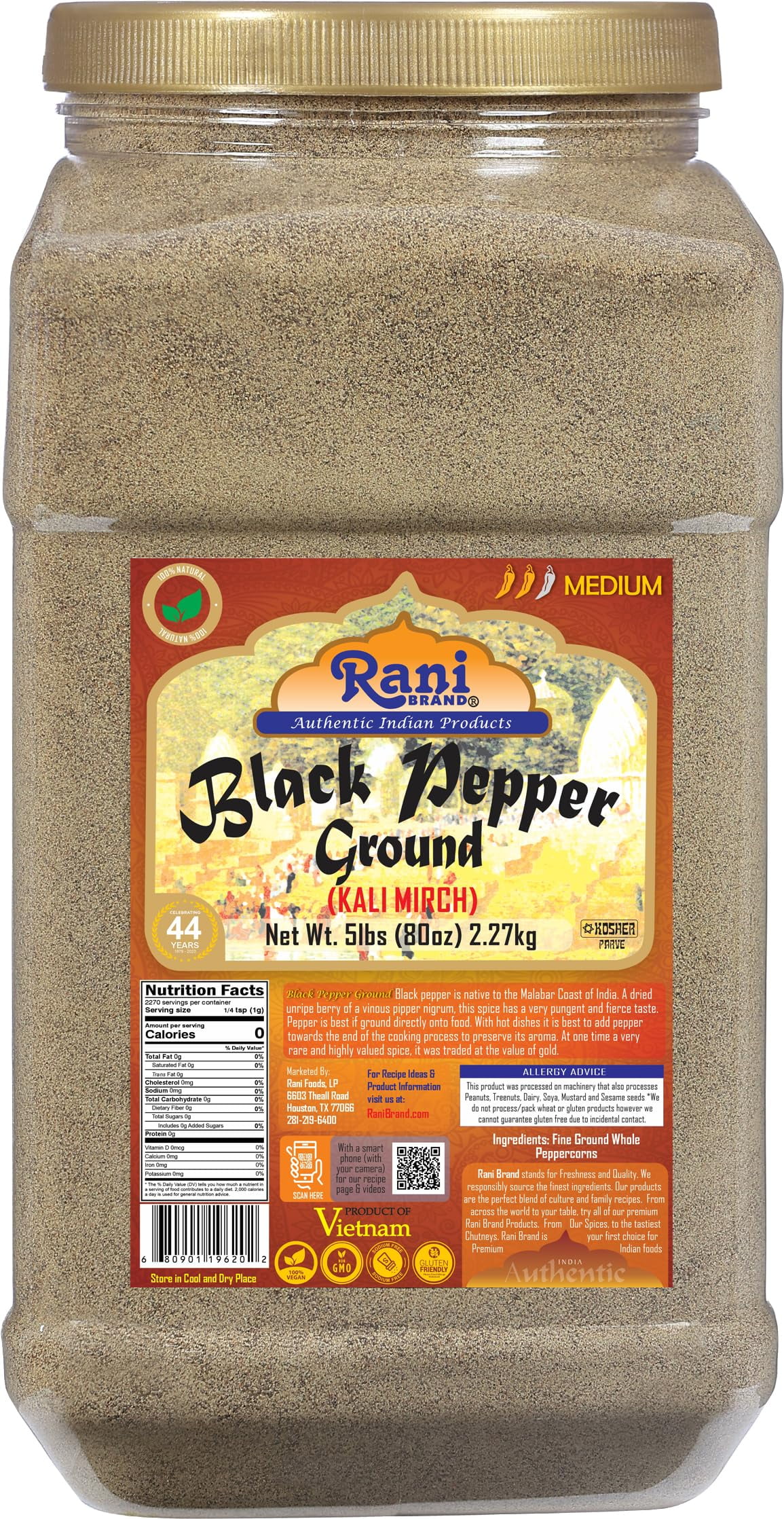 Rani Black Pepper Fine Powder 80 Mesh, 80oz (5lbs) 2.27kg Bulk PET Jar