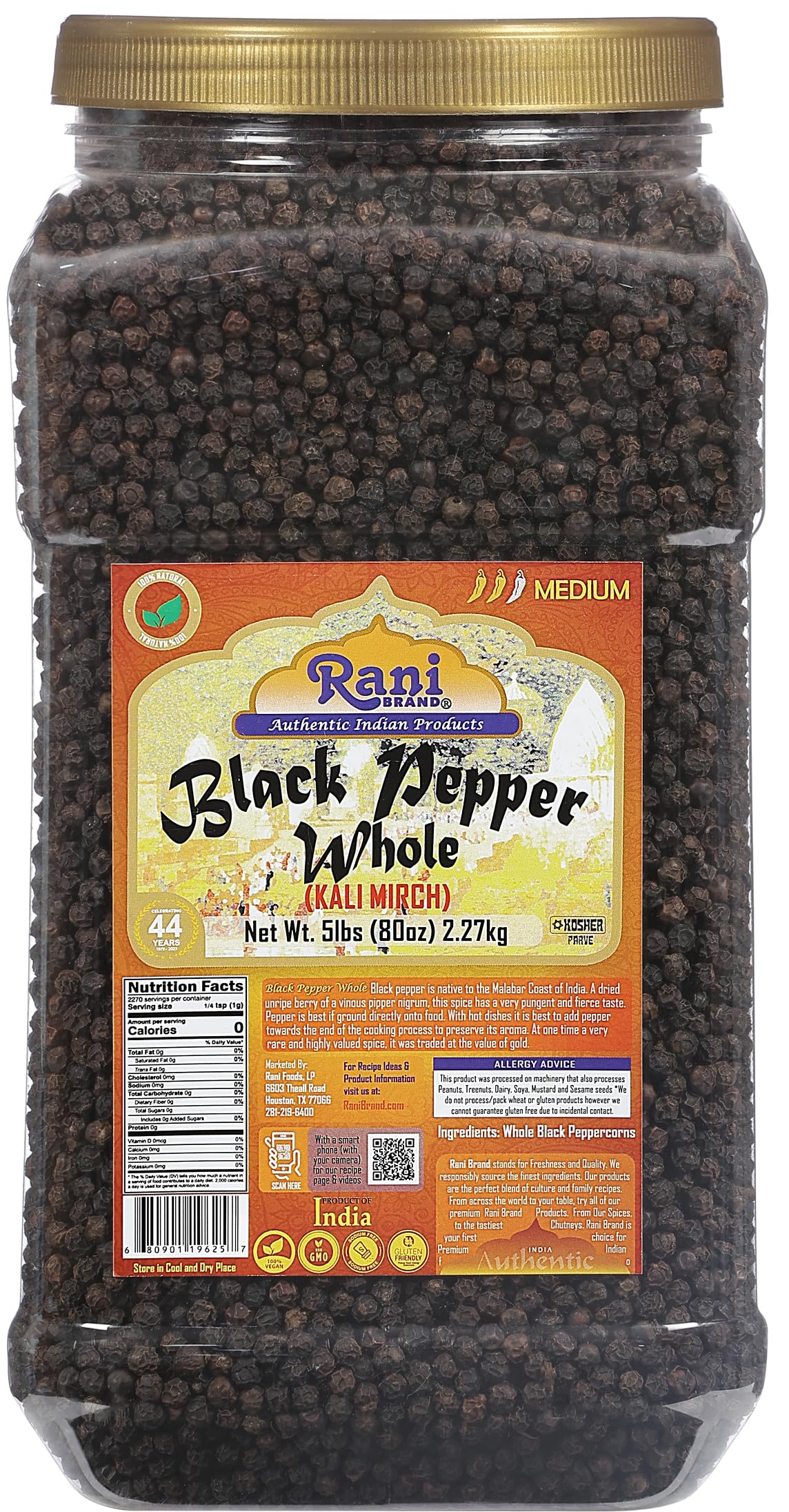 Rani Black Pepper Whole (Peppercorns), Premium Indian MG1 Grade 80oz