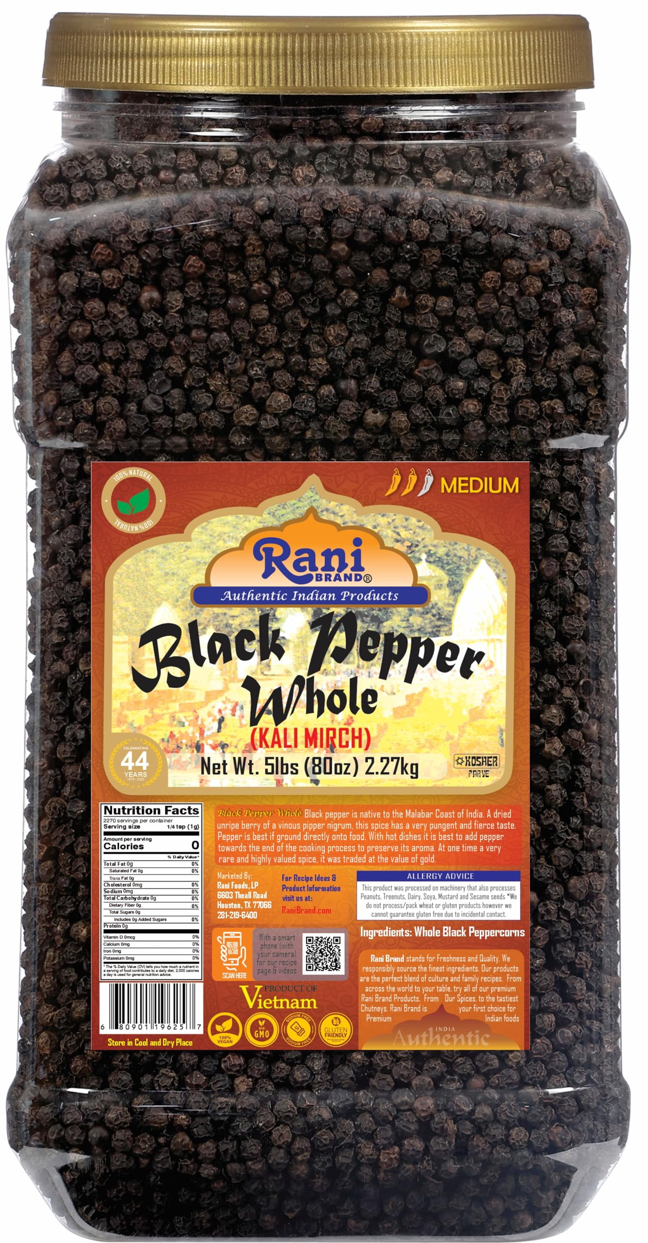 Rani Black Pepper Whole (Peppercorns), Premium MG-1 Grade 80oz (5lbs) 2.27kg Bulk PET Jar ~ All Natural | Gluten Friendly | Non-GMO | Kosher | Perfect size for Grinders!