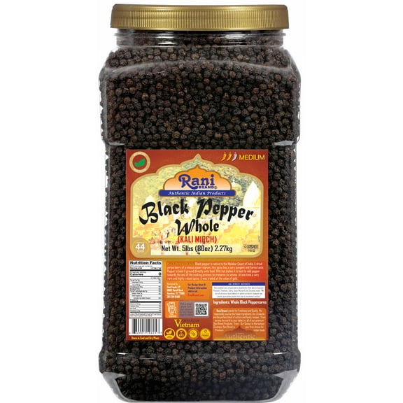 Rani Black Pepper Whole (Peppercorns), Premium MG-1 Grade 80oz (5lbs) 2.27kg Bulk PET Jar ~ All Natural | Gluten Friendly | Non-GMO | Kosher | Perfect size for Grinders!