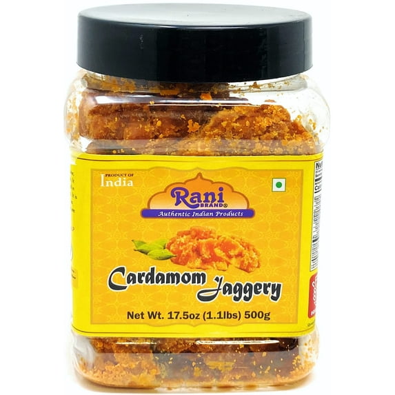 Rani Cardamom Jaggery (Gur) Indian Unrefined Raw Cane Sugar 17.5oz (1.1lbs) 500g PET Jar ~ Gluten Friendly | Vegan | NON-GMO | No Salt or fillers | Indian Product