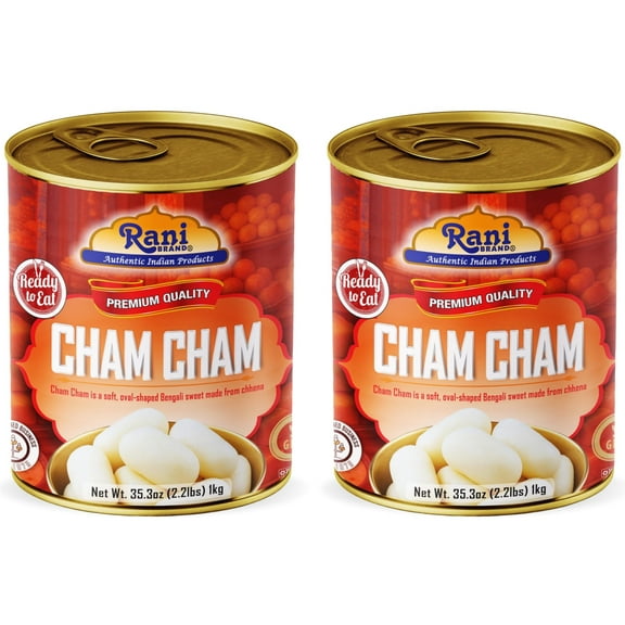 Rani Cham Cham (Oval-shaped Bengali Sweet) 35.3oz (2.2lbs) 1kg, Pack of 2, Approximately 14 pieces, Easy Open Lid ~ Ready to eat | Gluten Free | Non-GMO | Kosher | Indian Origin