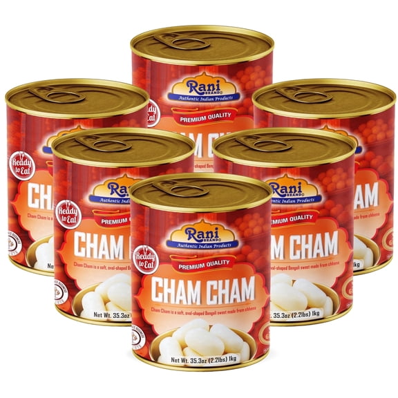 Rani Cham Cham (Oval-shaped Bengali Sweet) 35.3oz (2.2lbs) 1kg, Pack of 6, Approximately 14 pieces, Easy Open Lid ~ Ready to eat | Gluten Free | Non-GMO | Kosher | Indian Origin