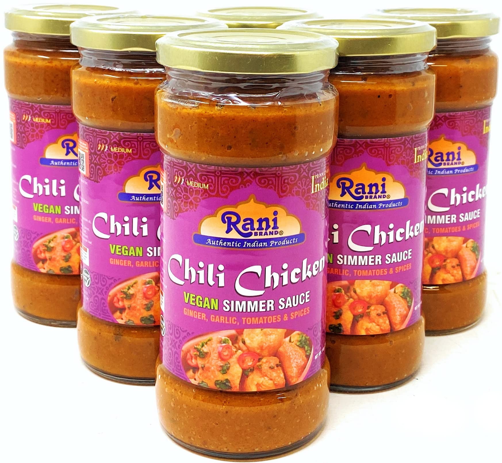 Rani Chili Chicken Vegan Simmer Sauce (Ginger, Garlic, Tomatoes & Spices) 14oz (400g) Glass Jar, Pack of 5 +1 FREE ~ Easy to Use | Vegan | No Colors | All Natural | NON-GMO | Gluten Free | Indian Orig