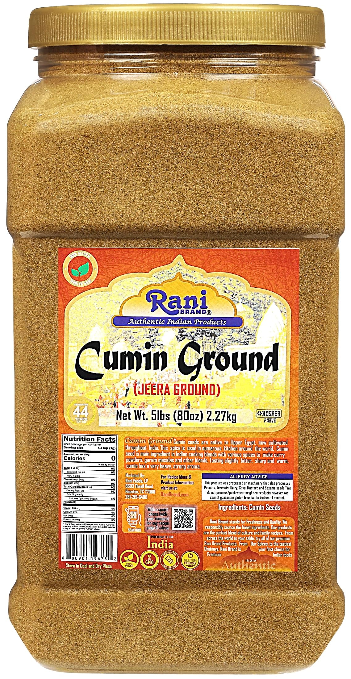 Rani Cumin Powder (Jeera) 80oz (5lbs) 2.27kg Bulk Jar ~ All Natural, Salt-Free | Vegan | Kosher