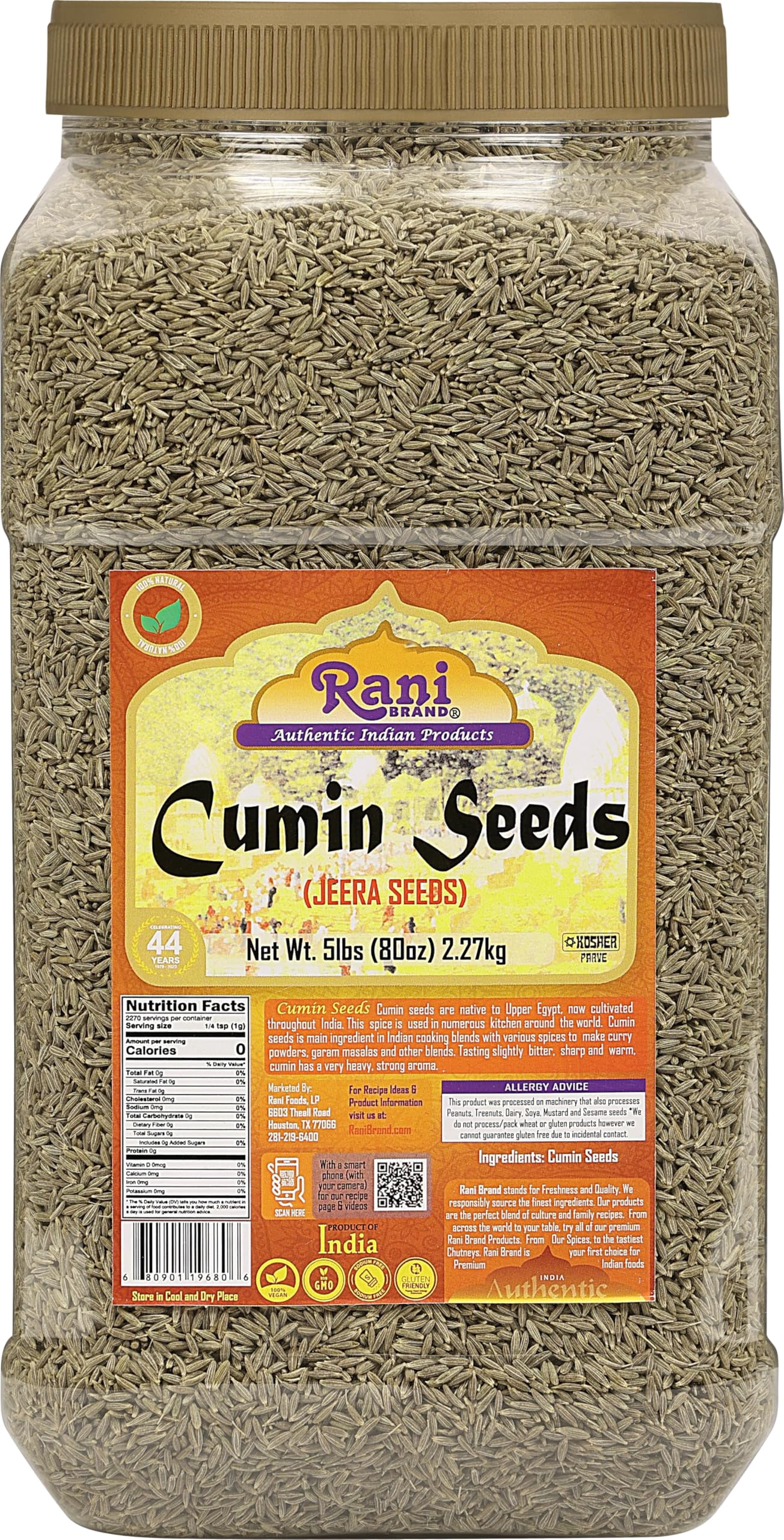 Rani Cumin Seeds Whole (Jeera) Spice 80oz (5lbs) 2.27kg Bulk PET Jar ~ All Natural | Gluten Friendly | NON-GMO | Vegan | Indian Origin